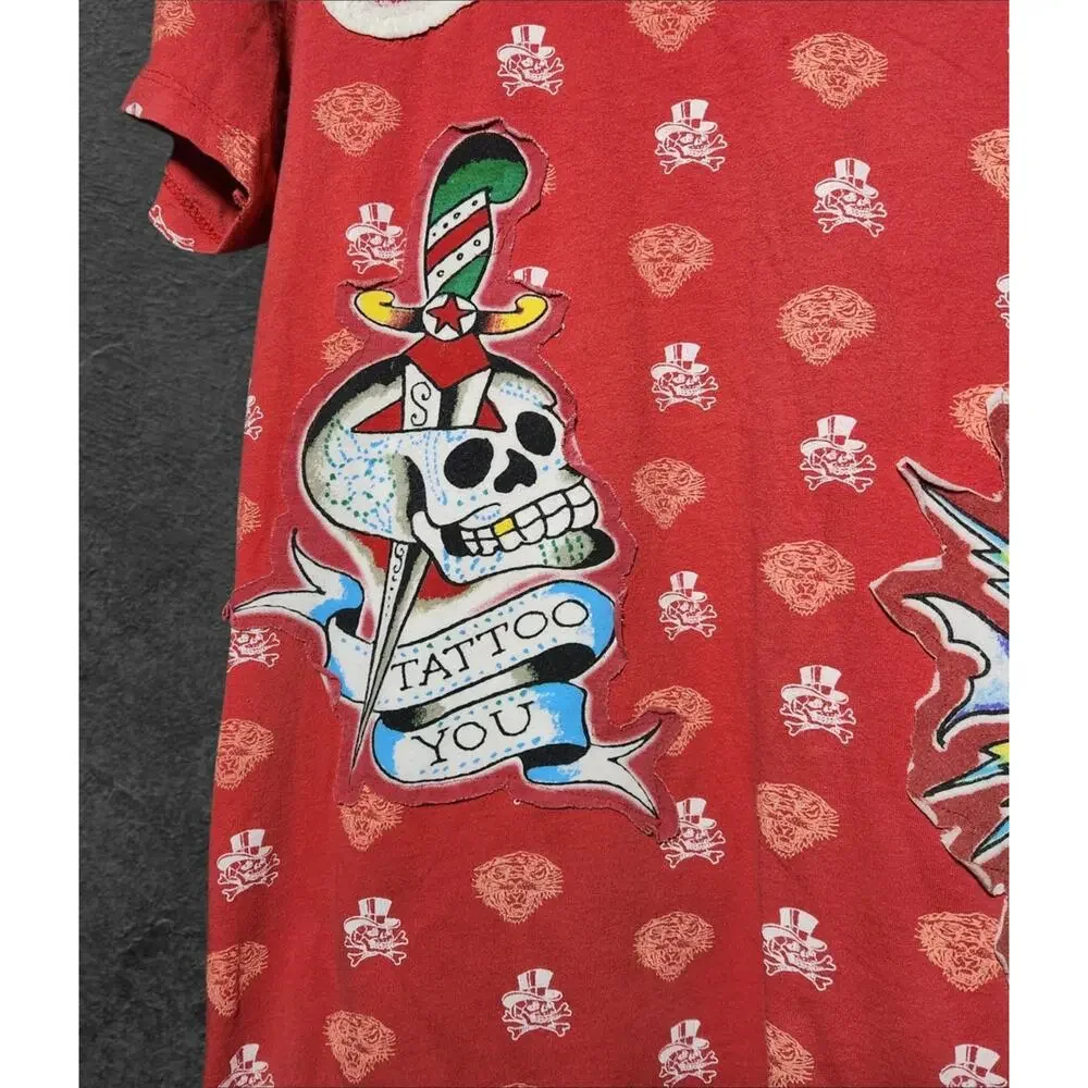 Ed Hardy Red Skull Heart Dagge Red T-Shirt Embroidered Christian Audigier Sz L